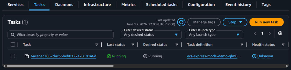 ECS Tasks tab showing Health status Unknown